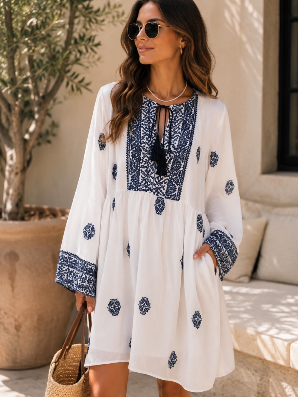 FROM PARIS FRANCE White and Navy Embroidered Dress